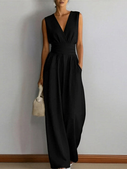 V-neck Waist Wide-leg Pants Sleeveless Temperament Grace Commuting Jumpsuits