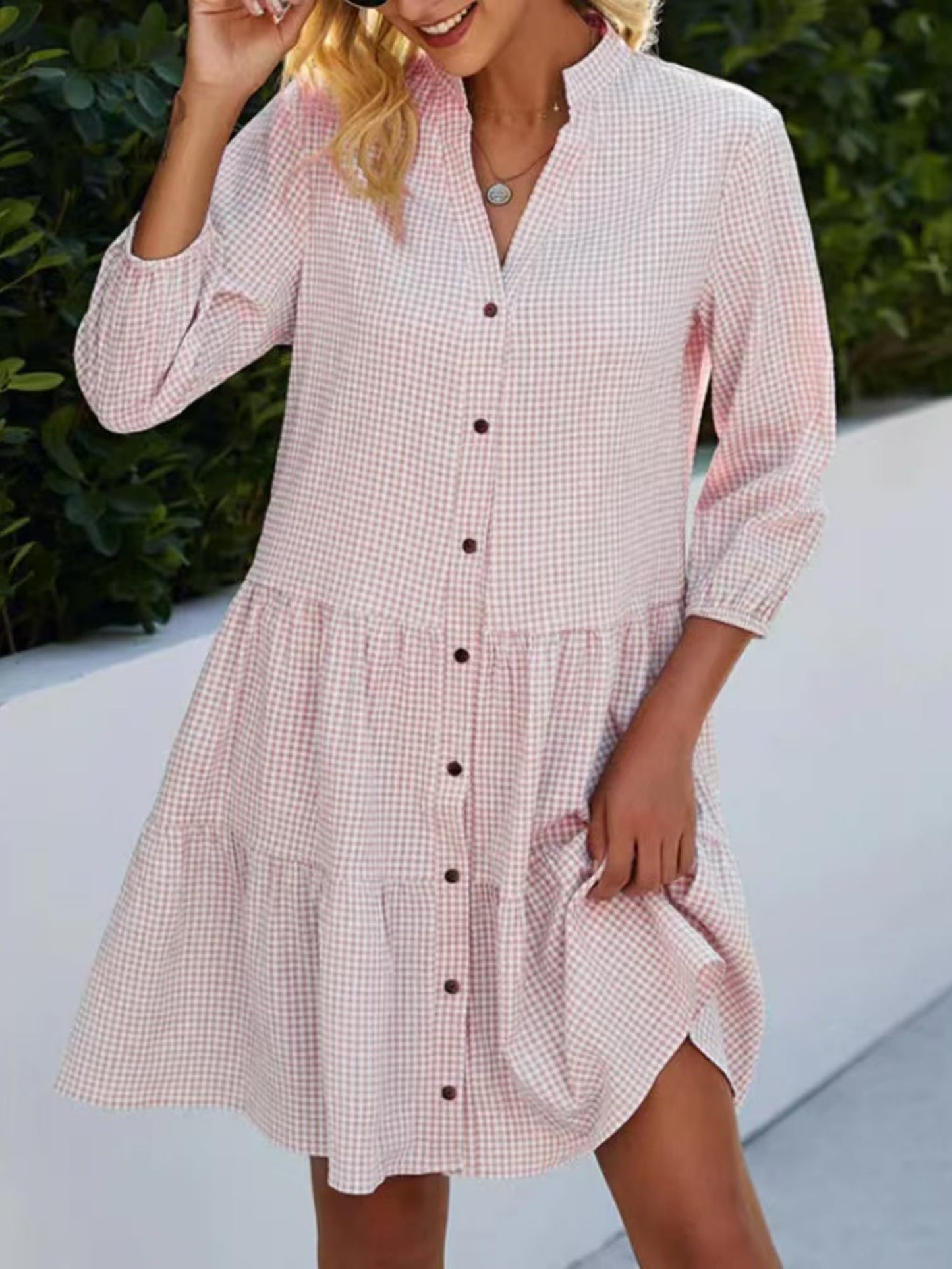 Plaid Buttons Stand Collar And Three-quarter Sleeves Mini&Short Dresses