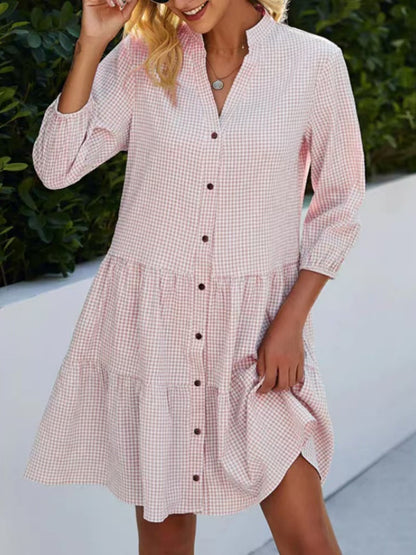 Plaid Buttons Stand Collar And Three-quarter Sleeves Mini&Short Dresses