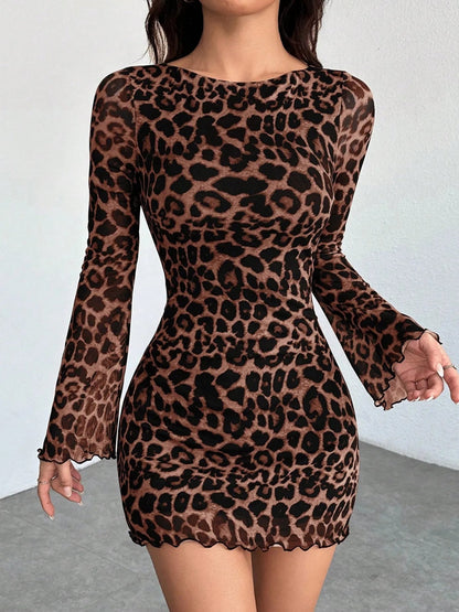 Leopard Print Mesh Slimming And Waist-cinching Long-sleeved Short Dress