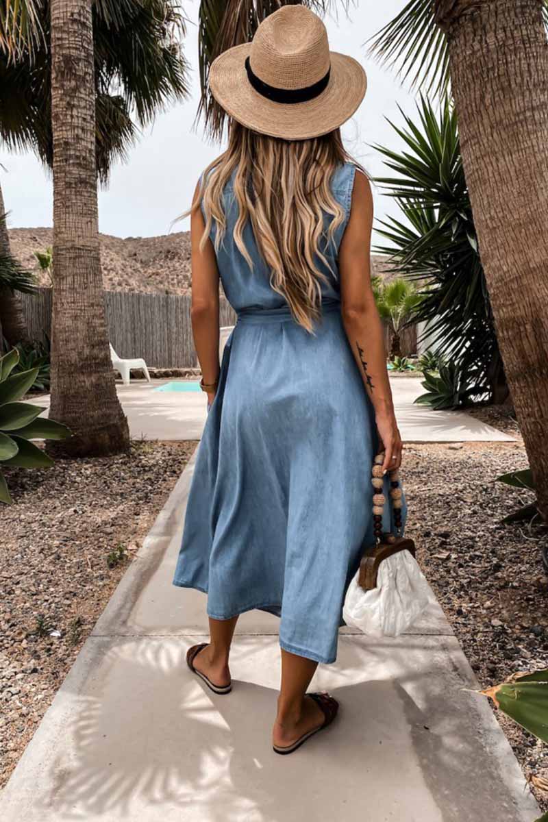 Sleeveless Collar Button Front Tie Waist Denim Shirt Midi Dress