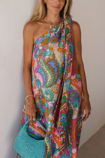 Tie Knot One Shoulder Unique Print Maxi Vacation Dress