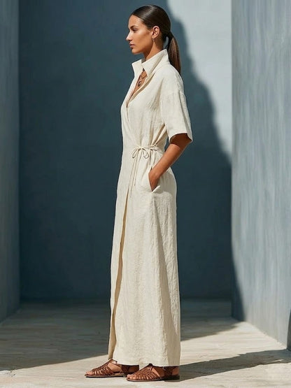 Casual V-neck Short-sleeved Tie-waist Solid Color Maxi Dresses