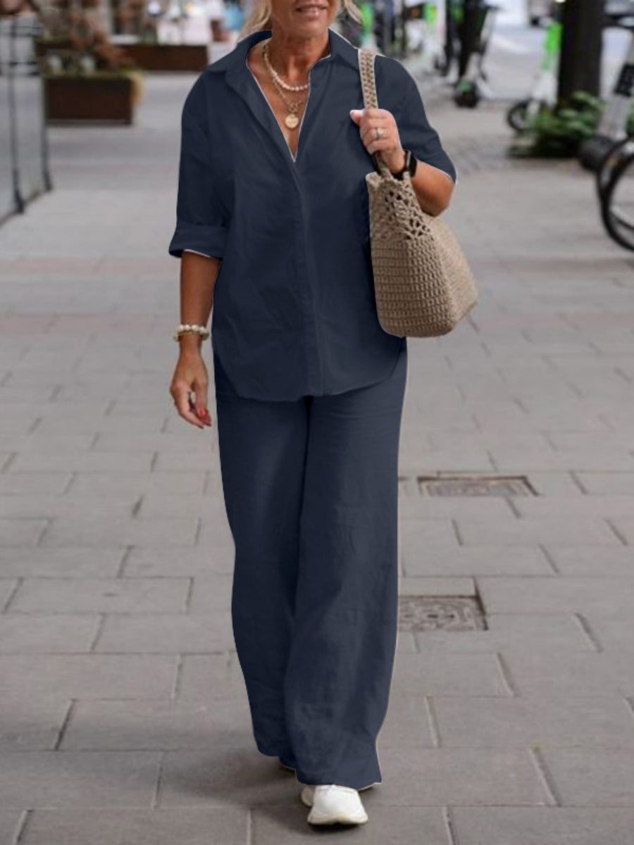 Collared Long-sleeved Shirt And Casual Solid Color Wide-leg Pants Two-piece Set For Spring And Autumn