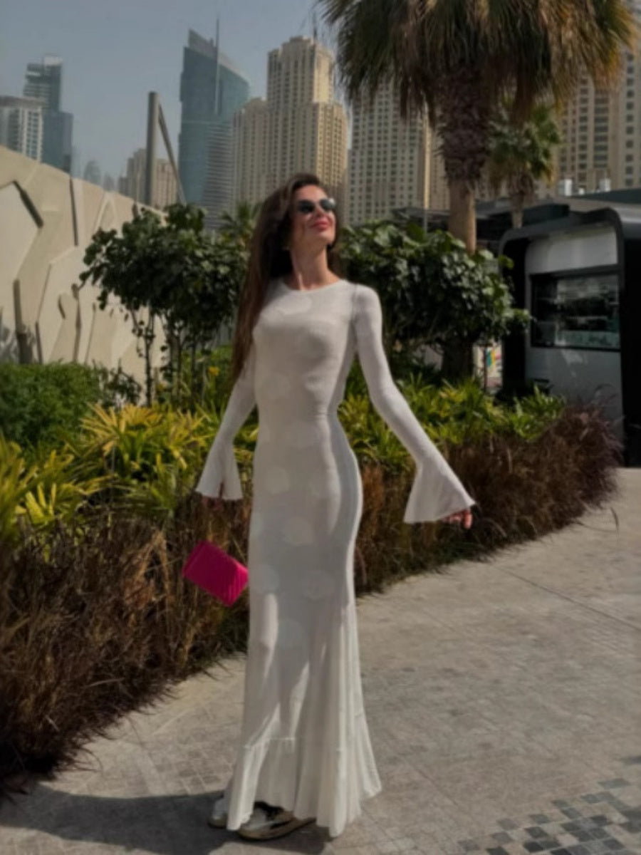 Round Neck, Bell Sleeves, Backless, Tie-up Long Dress