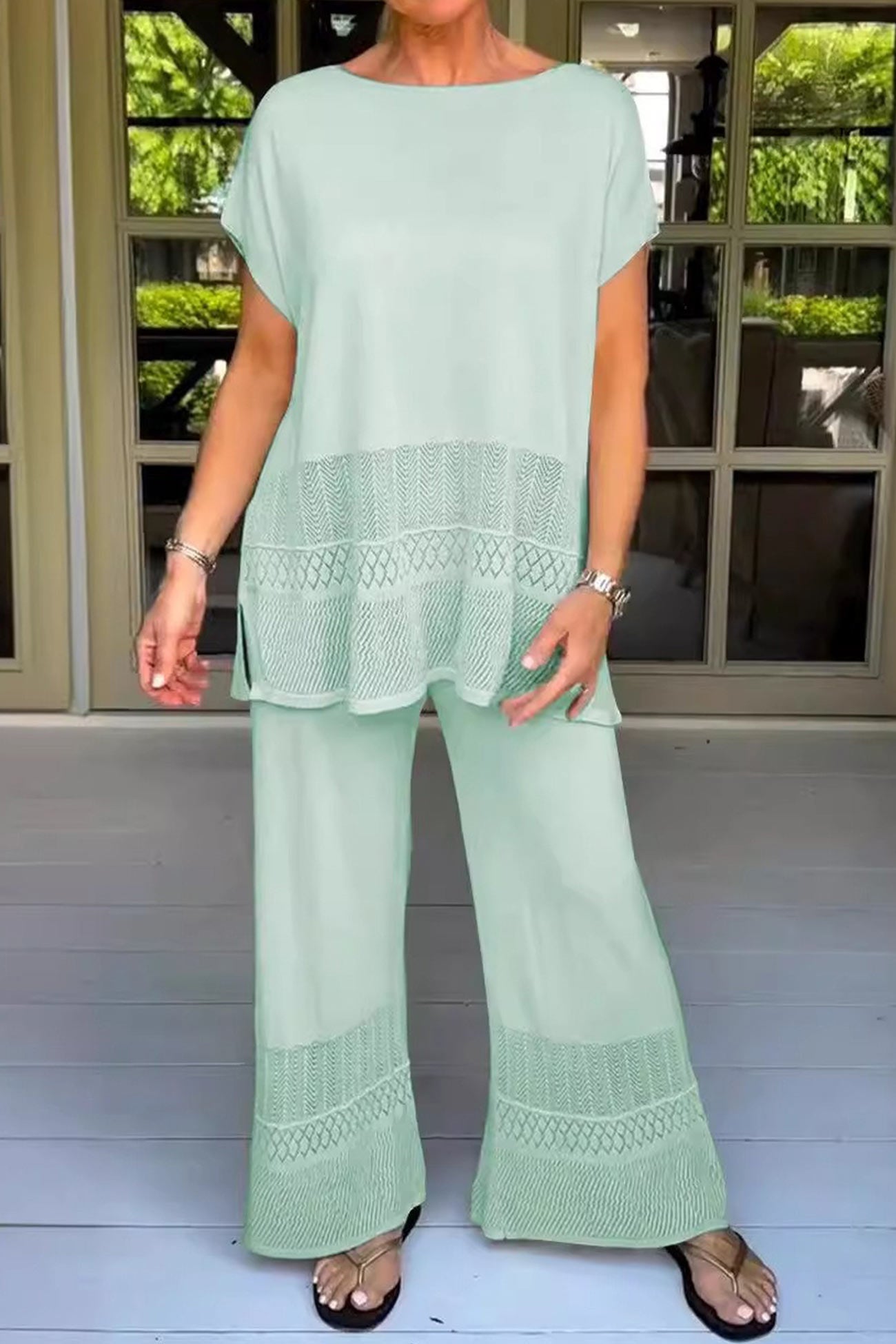 Solid Color Hollow Out Knit Two-piece Outfit