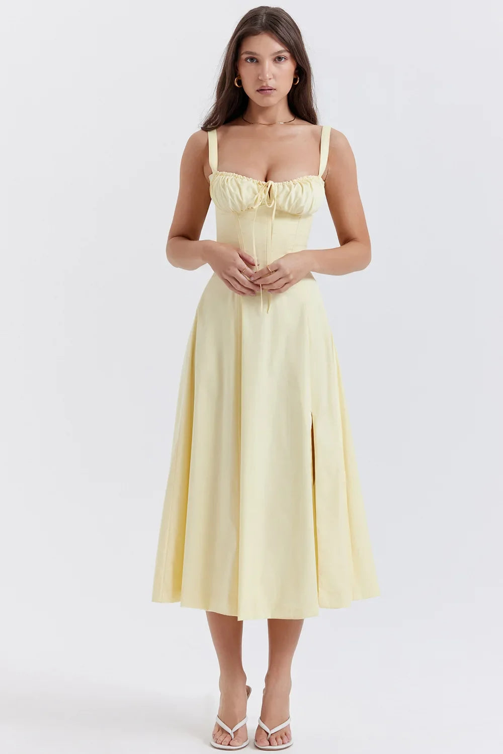 Aurora Floral Corset Midi Dress | Sweetheart Neckline, Slit Skirt, Spaghetti Straps