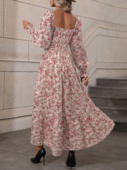 Floral Long Sleeve Square Collar Vacation And Leisure Maxi Dresses
