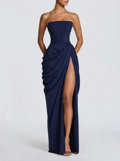 Pleated Slit Strapless Waist Maxi Dresses