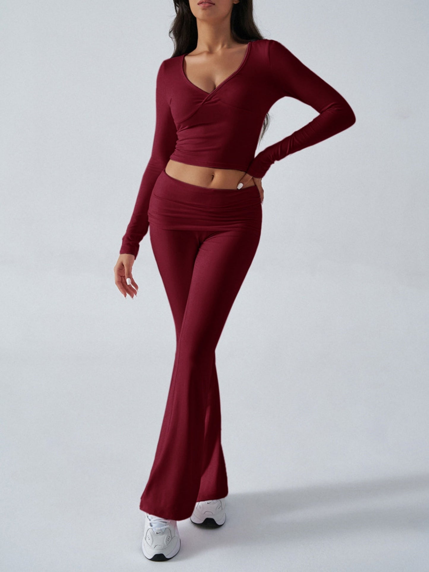 V-neck Pleats Long-sleeved Top And Trousers Sports And Leisure 2-piece Sets