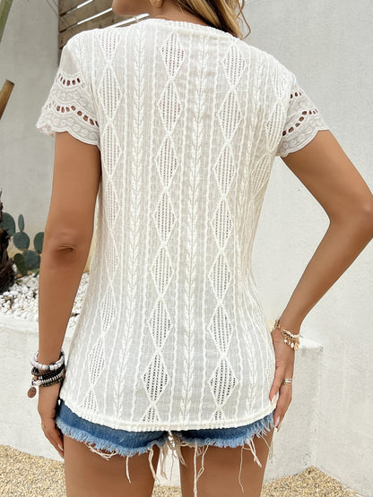 Openwork Jacquard Crew Neck Short Sleeve T-shirts