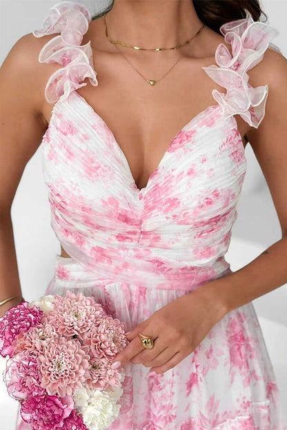 V Neck Sleeveless Cut Out Waist Floral Print Ruffle Maxi Dress