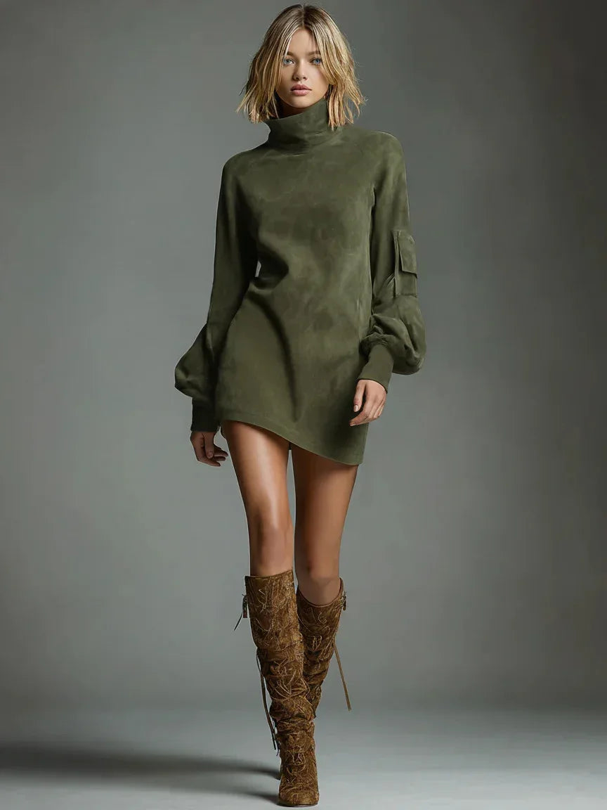 Women faux suede retro lapel mini dress