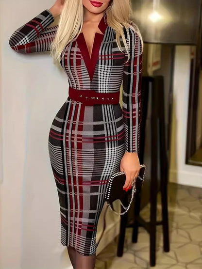 V-neck Hip-hugging Belts Plaid Midi Dresses