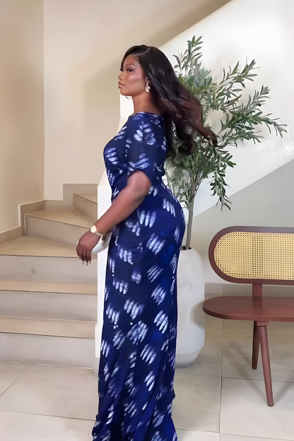 Navy Blue Feather-Print Ruched Maxi Dress