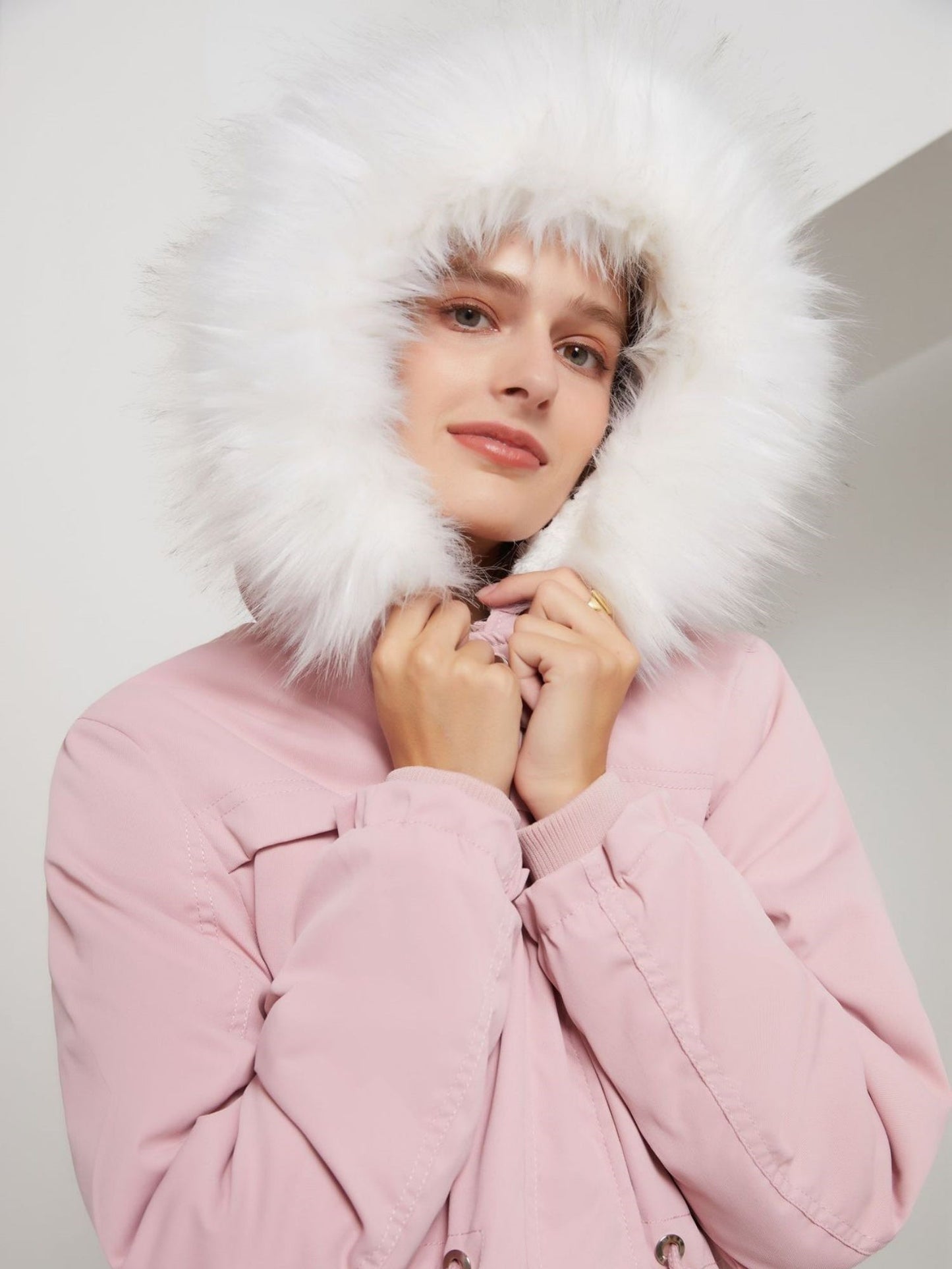 With Fur Collar Fleece Lined Hooded For Warmth Drawstring Pocket Down Jacket