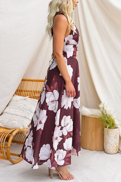 Halter V Neck Back Lace-up Floral Print Maxi Dress