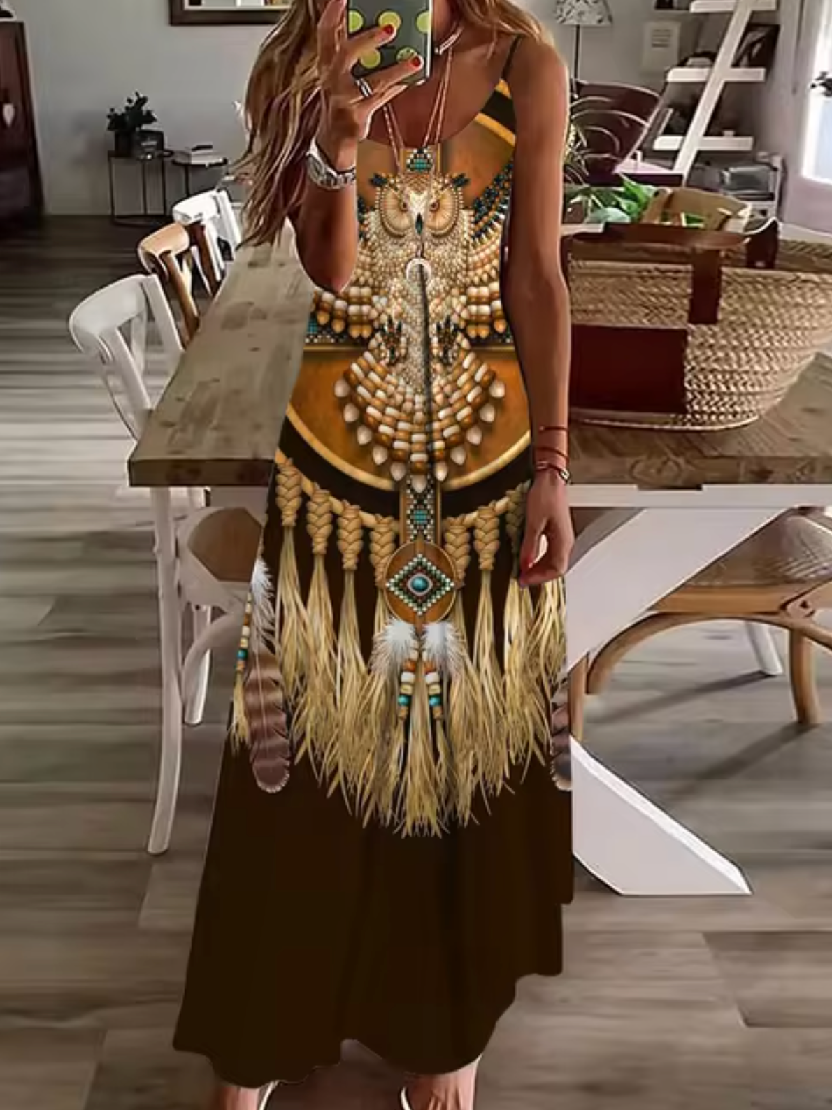 Deep V-Neck Turtle Dreamcatcher Feather Print Spaghetti Strap Maxi Dress