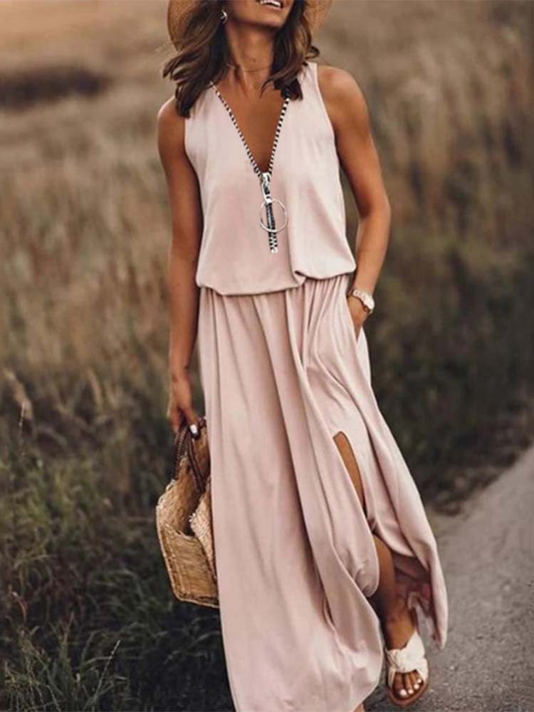 V Neck Zip Ring Detail Sleeveless Side Slit Maxi Dress