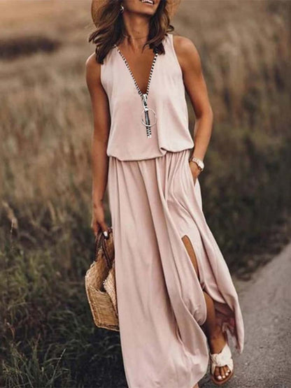 V Neck Zip Ring Detail Sleeveless Side Slit Maxi Dress