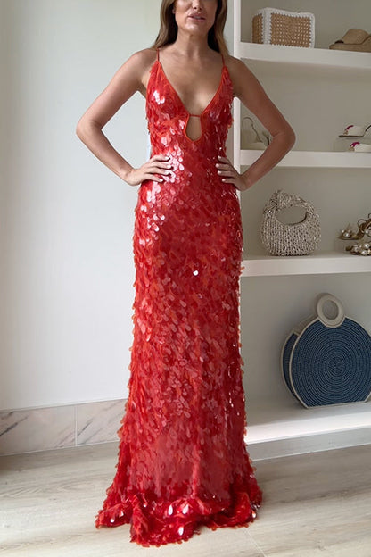 Margovil V Neck Cut Out Sequin Bodycon Maxi Cami Party Dress