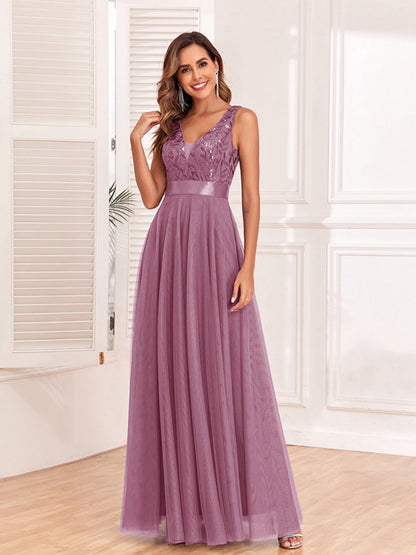 V-neck Embroidery Sequins Elegant Gauze Formal Dress Maxi Dresses