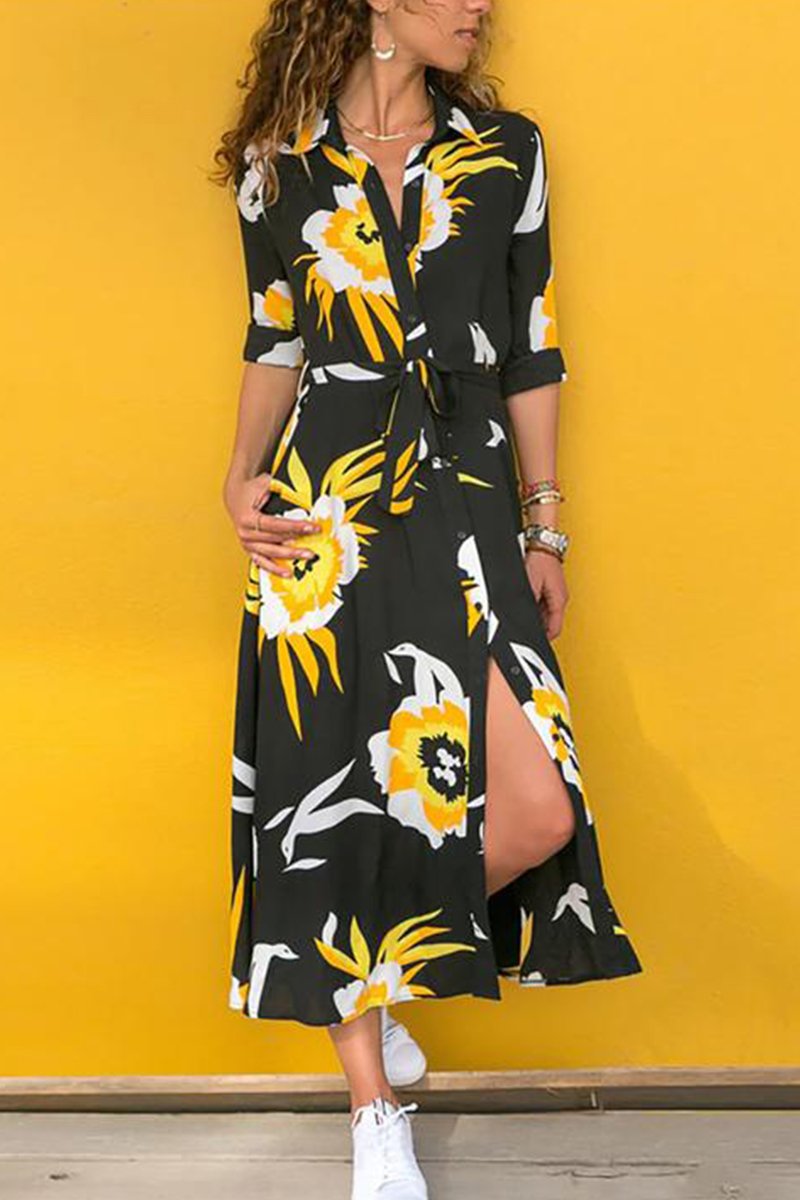 Tropical Botanical Print Collared Button-Front Tie-Waist Maxi Shirt Dress