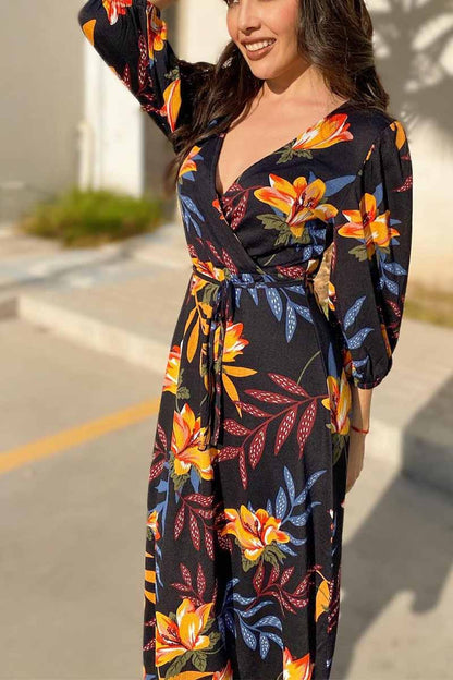 Floral Print Wrap Tie Waist Three Quarter Puff Sleeve Midi Dress