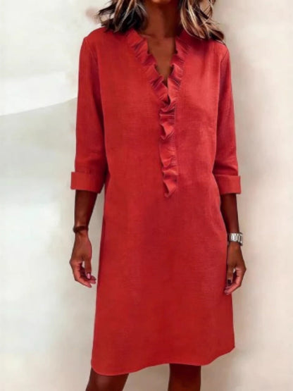 Ruffled Trim Long-sleeved Cotton-linen Short Dress