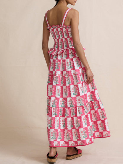 Printed Wavy Edge Spaghetti Strap Long Dress