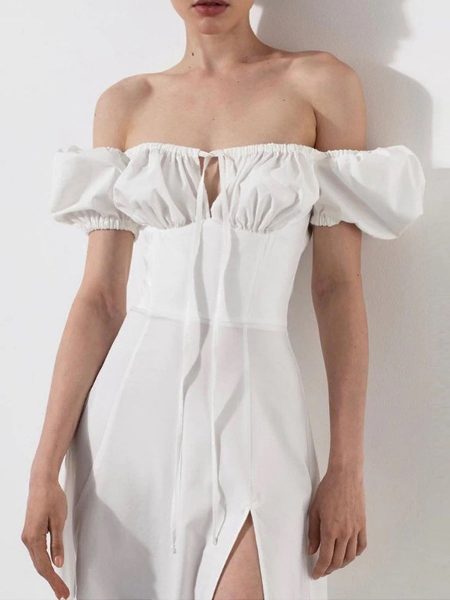 Square Collar Bandage Puff Sleeve Slit Midi Dresses