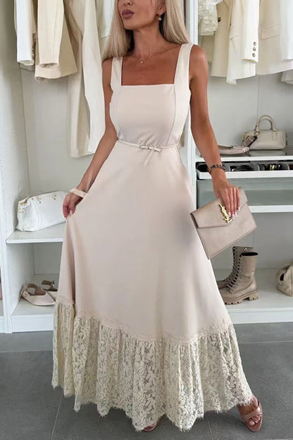 Square Neck Pocketed Lace Splice Maxi Cami Dress