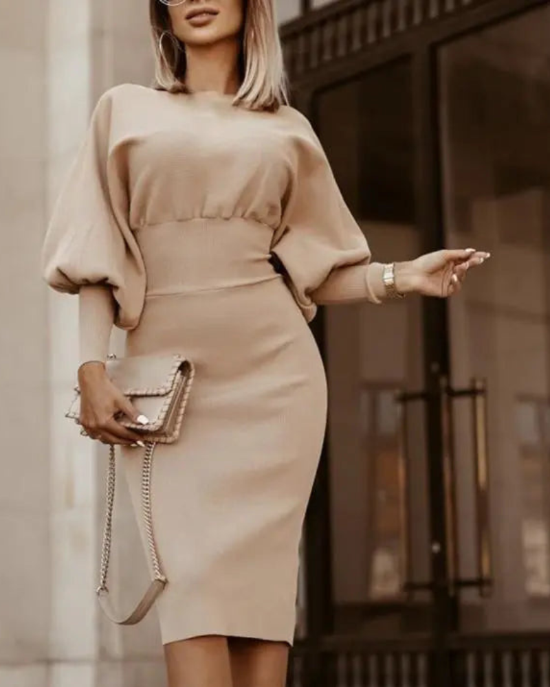 Lantern Sleeve Crew Neck Fitted Bodycon Midi Dress