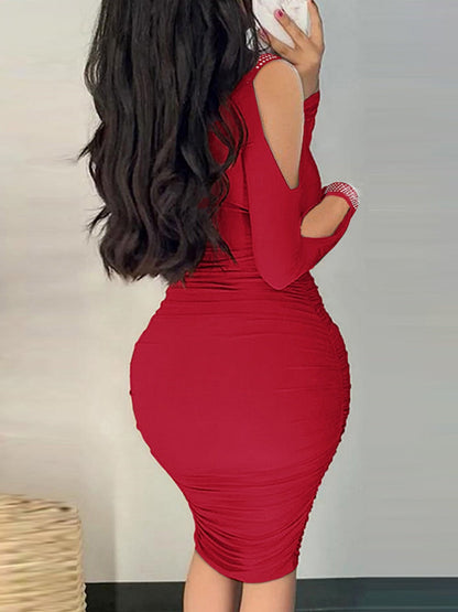 Rhinestone-studded Off-shoulder Hip-hugging Formal Dress Midi Dresses