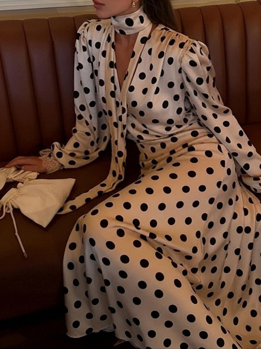 Puff Lantern Sleeves Retro Hip-hugging Grace Polka Dots Maxi Dresses