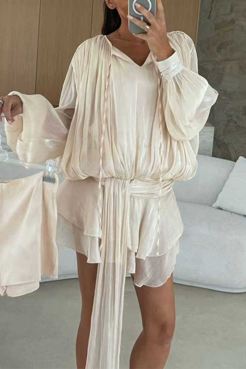 Margovil Lantern Long Sleeves Draped Ruffle Layered Mini Dress with Shorts