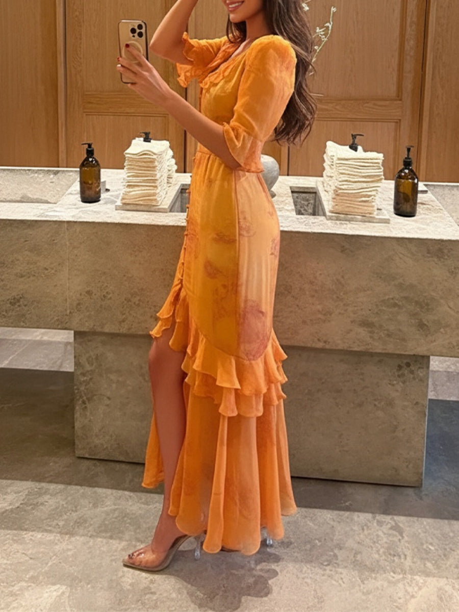 Floral Printed Ruffle Slit Temperament Maxi Dresses