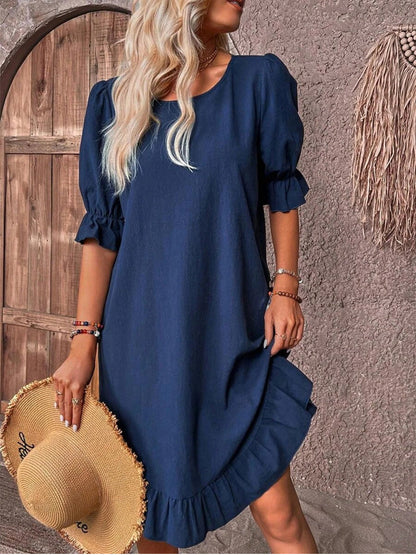 Crew Neck Puff Sleeve Ruffle Cuff Flounce Hem Shift Mini Dress