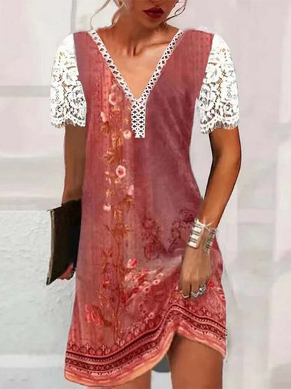 Floral Lace Sleeve Deep V-Neck Patchwork Border Shift Mini Dress
