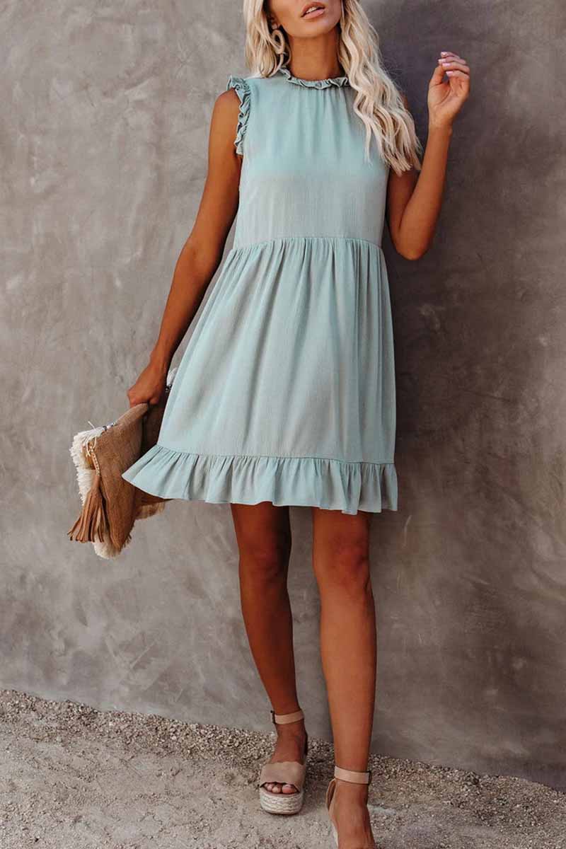 Ruffle Trim Crew Neck Empire Waist Babydoll Tiered Mini Dress