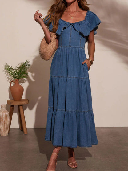 Denim Ruffle Crew Neck Large Skirt Maxi Dresses