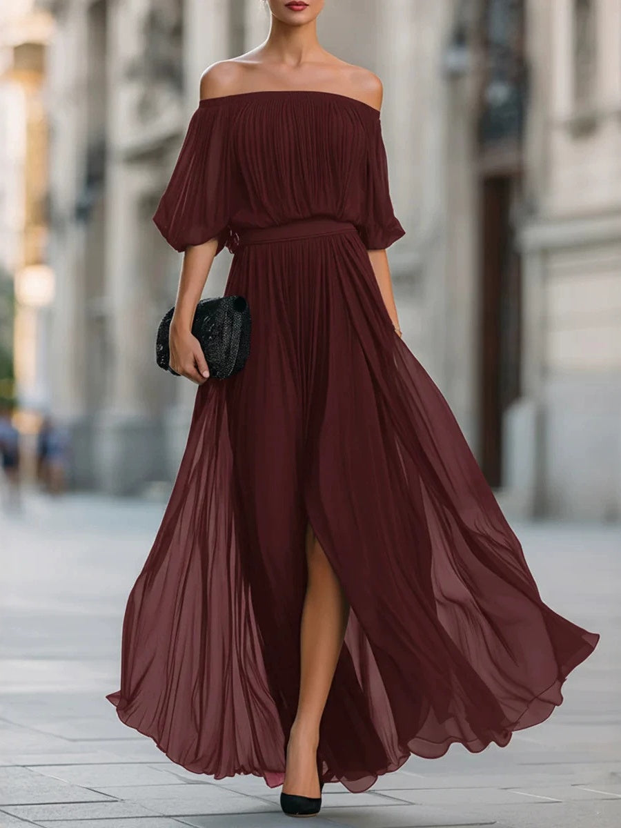 Off Shoulder Elegant Pleats Solid Color Slit Maxi Dresses