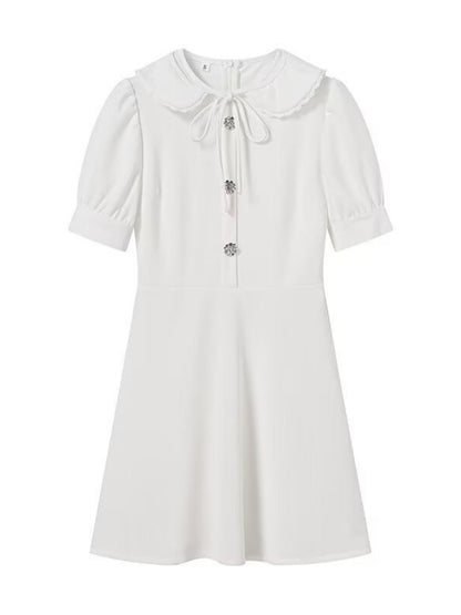 Color-blocked Detachable Peter Pan Collar Buttons Short Sleeves Mini&Short Dresses