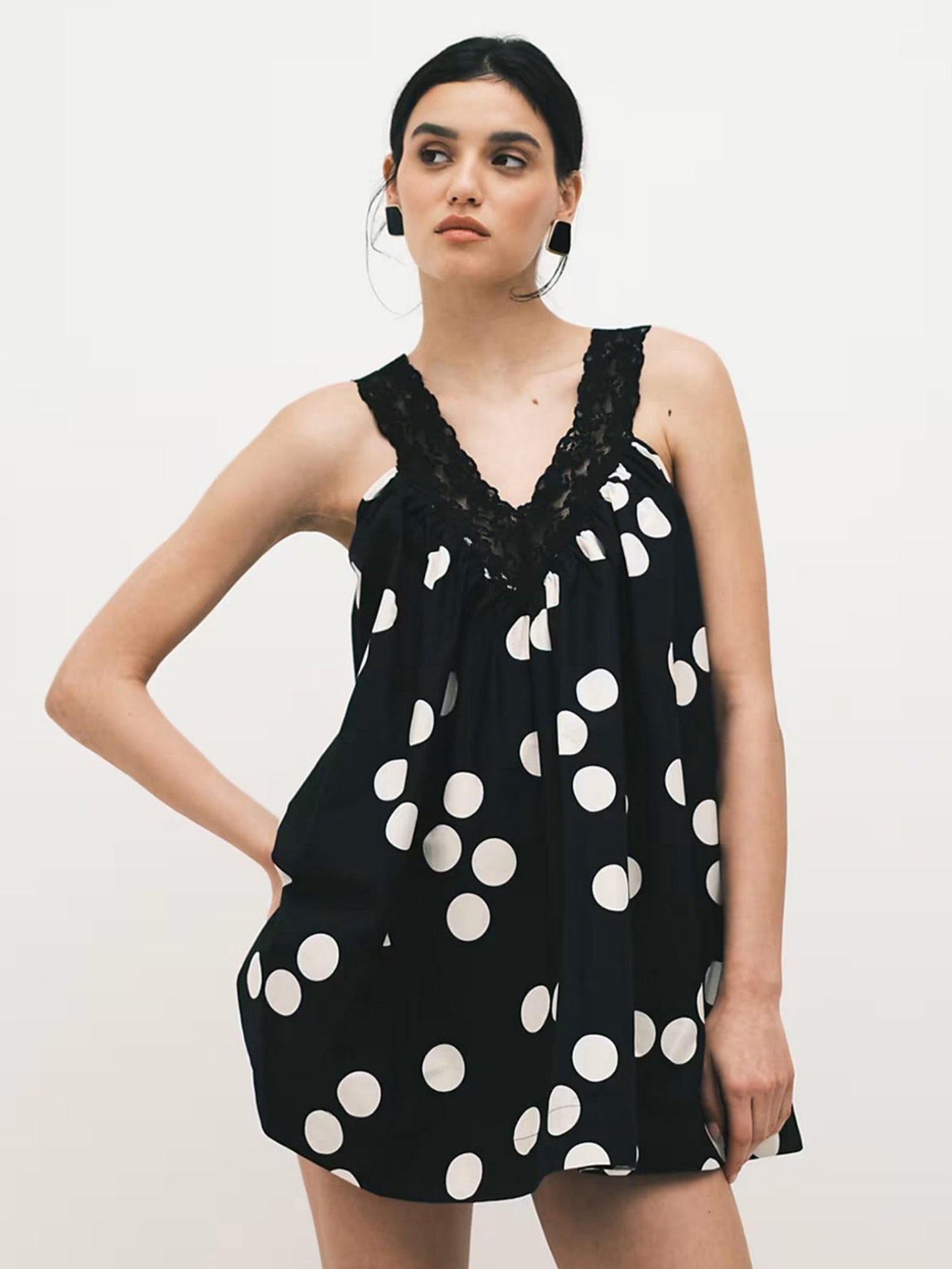 Polka Dots Lace Patchwork Spaghetti Strap Backless Mini&Short Dresses
