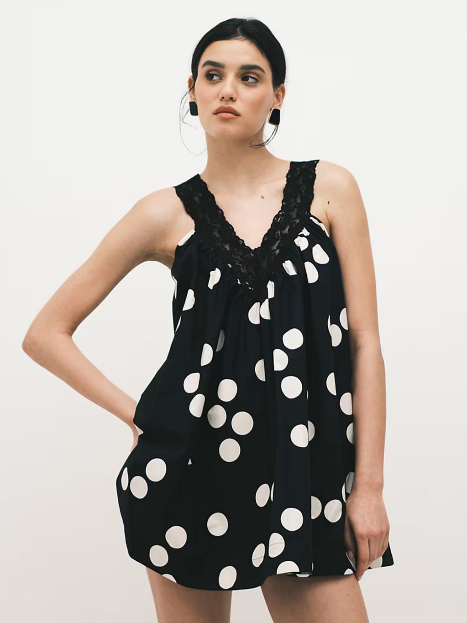 Polka Dots Lace Patchwork Spaghetti Strap Backless Mini&Short Dresses