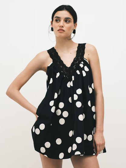 Polka Dots Lace Patchwork Spaghetti Strap Backless Mini&Short Dresses