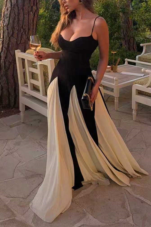 Margovil Spaghetti Strap Low Cut Color Block Swing Maxi Dress