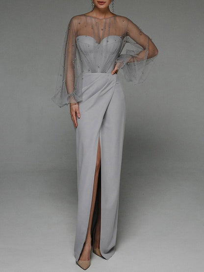 Pearl Mesh-paneled Sleeves Tube Top Maxi Dresses