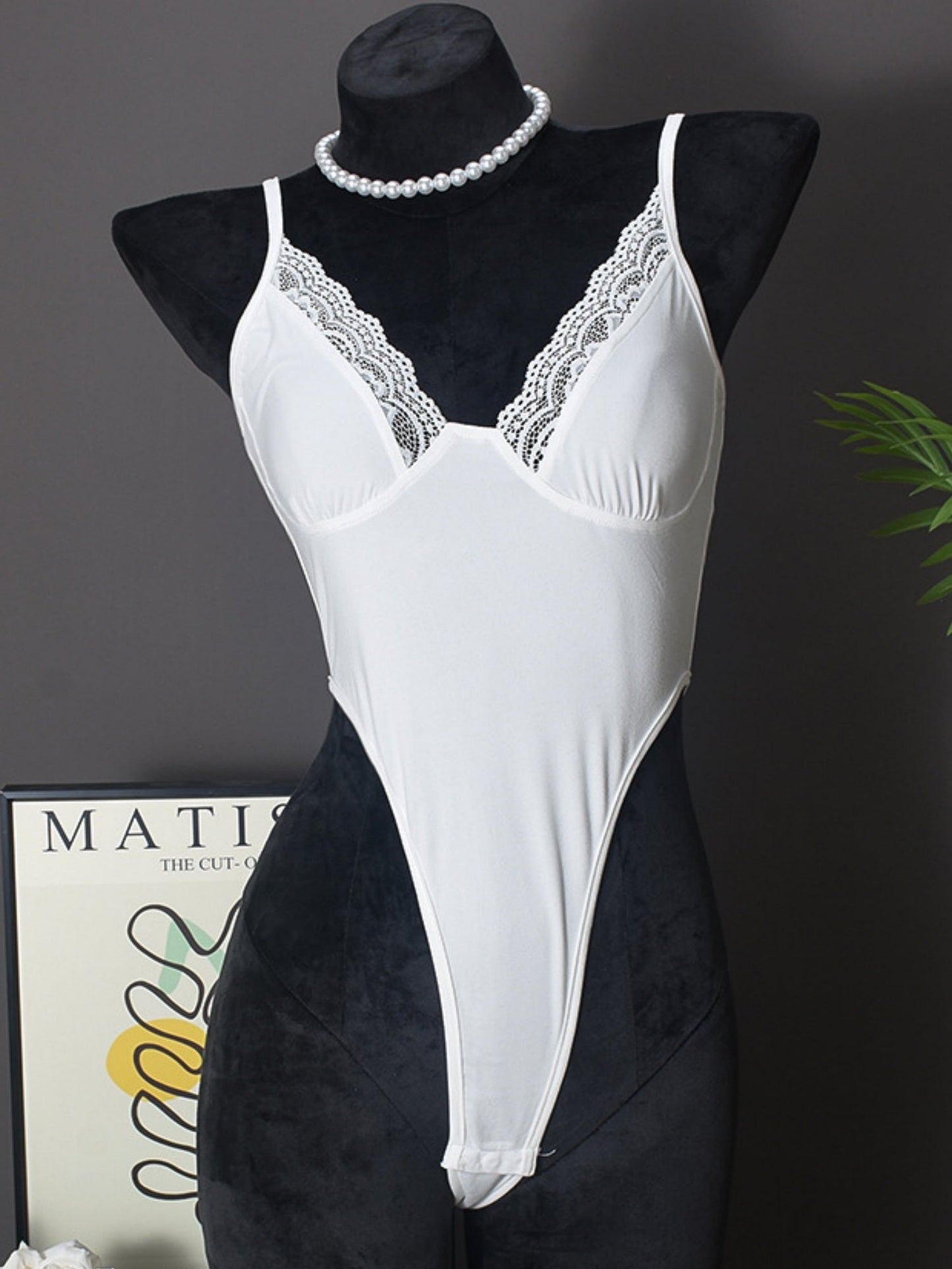 Lace Trim High Elasticity In Crotch Hollow-out High Waist Bodysuits