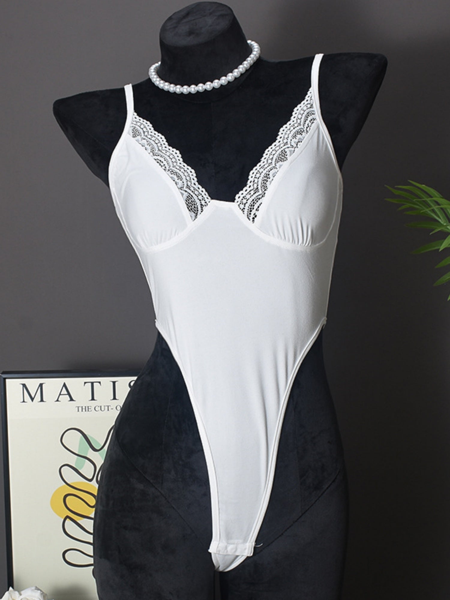 Lace Trim High Elasticity In Crotch Hollow-out High Waist Bodysuits